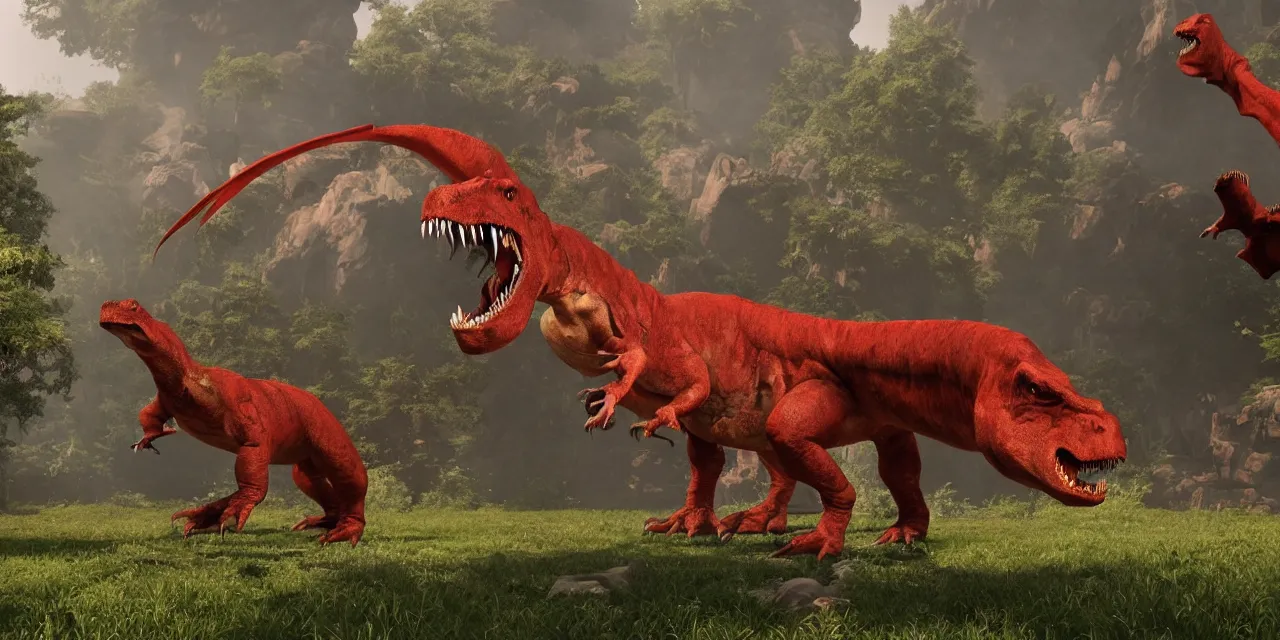 Image similar to communist dinosaur, china, tyrannosaurus, unreal engine, cinematic