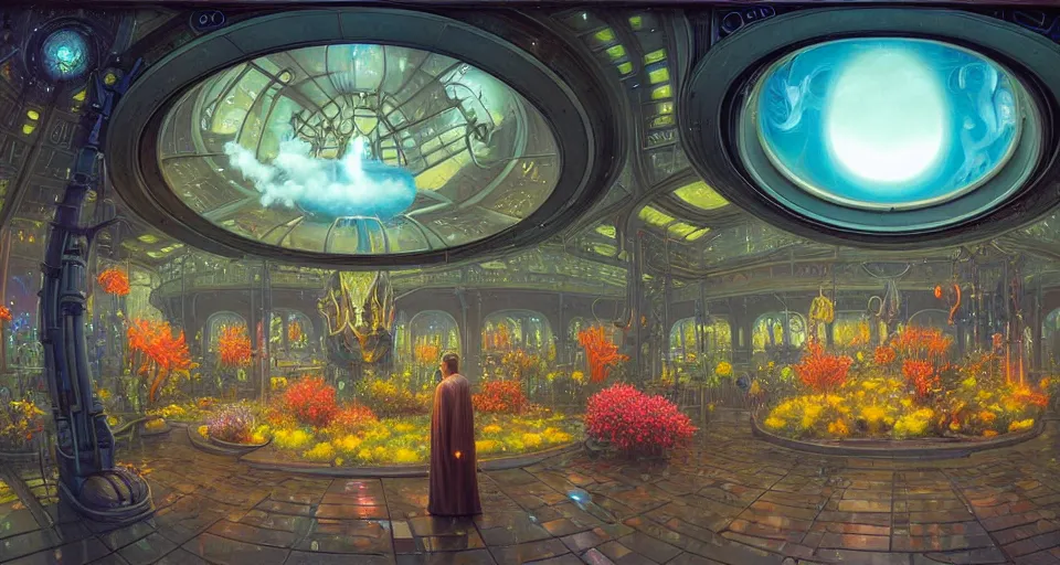 Image similar to fish eye lens a bright minimalist bioluminescent oil painting by donato giancola, warm coloured, cinematic scifi luxurious futuristic foggy steam filled victorian garden mall interior with microscopy radial windows flowers growing out of pretty bulbous ceramic fountains, gigantic pillars and flowers, maschinen krieger, beeple, star trek, star wars, ilm, atmospheric perspective