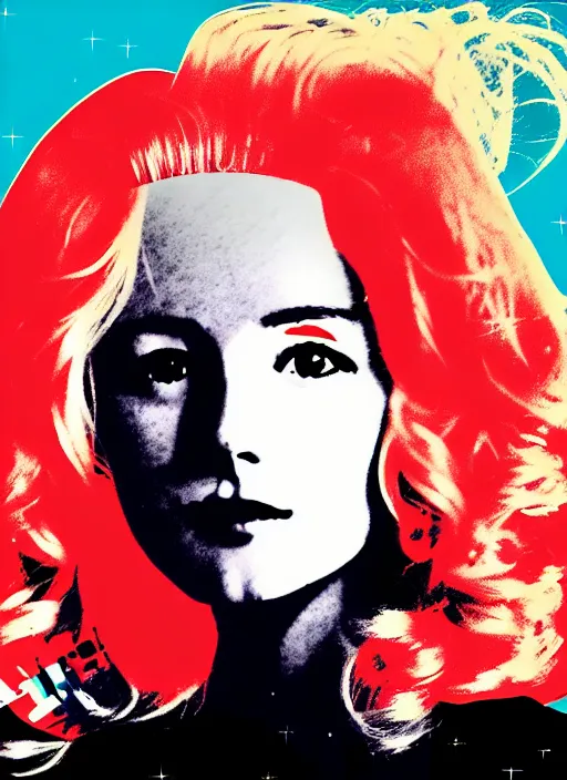 Prompt: highly detailed portrait of a hopeful pretty astronaut lady with a wavy blonde hair, by Andy Warhol, 4k resolution, nier:automata inspired, bravely default inspired, vibrant but dreary but upflifting red, black and white color scheme!!! ((Space nebula background))