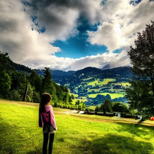 Image similar to a beautiful photograph of a girl with switzerland landscape in the background with trees, hdr, 8 k, high quality, sharp focus, artstation, highly detailed, award - winning, dramatic lighting, beautiful clouds, and nature