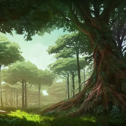 Prompt: concept art painting of a forest with houses made of trees and roots, houses inside trees, vines, deep forest, realistic, detailed, cel shaded, in the style of makoto shinkai and greg rutkowski and james gurney