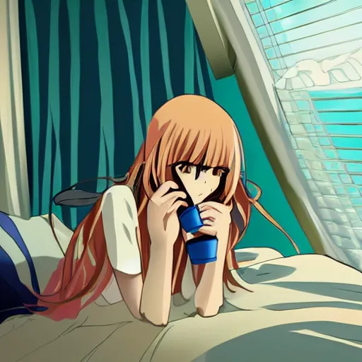 Image similar to cute art of a beautiful anime girl watching tv inside a bedroom, beautiful, colorful, aesthetically pleasing