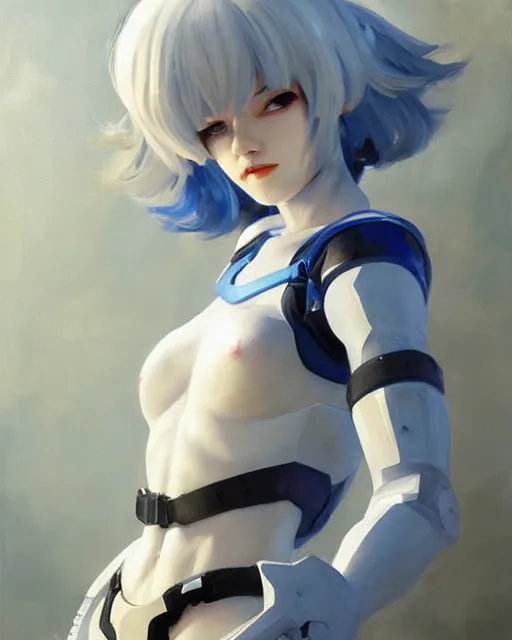 Prompt: greg manchess portrait painting of rei ayanami as an overwatch character, medium shot, asymmetrical, profile picture, organic painting, sunny day, matte painting, bold shapes, hard edges, street art, trending on artstation, by huang guangjian and gil elvgren and sachin teng