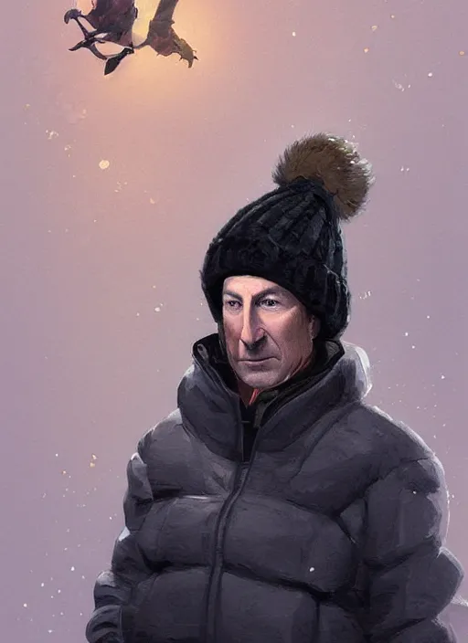 Prompt: bob odenkirk wearing a black supreme puffer jacket, a beanie and a golde necklace, elegant, digital painting, concept art, smooth, sharp focus, illustration, from starcraft by ruan jia and mandy jurgens and artgerm and william - adolphe bouguerea