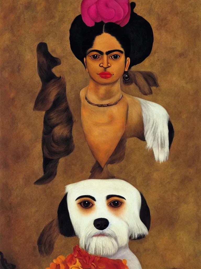 Image similar to portrait of a cream colored havanese dog as with a unibrow, surreal background, by frida kahlo