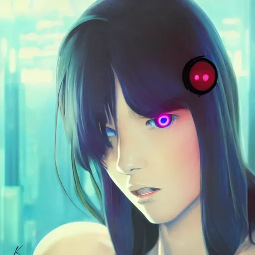 Prompt: A beautiful cyborg woman with big and cute red eyes || VERY ANIME, fine-face, realistic shaded perfect face, fine details. Anime. realistic shaded lighting poster by Ilya Kuvshinov katsuhiro otomo ghost-in-the-shell, magali villeneuve, artgerm, Jeremy Lipkin and Michael Garmash, Rob Rey and Kentarõ Miura style, trending on art station