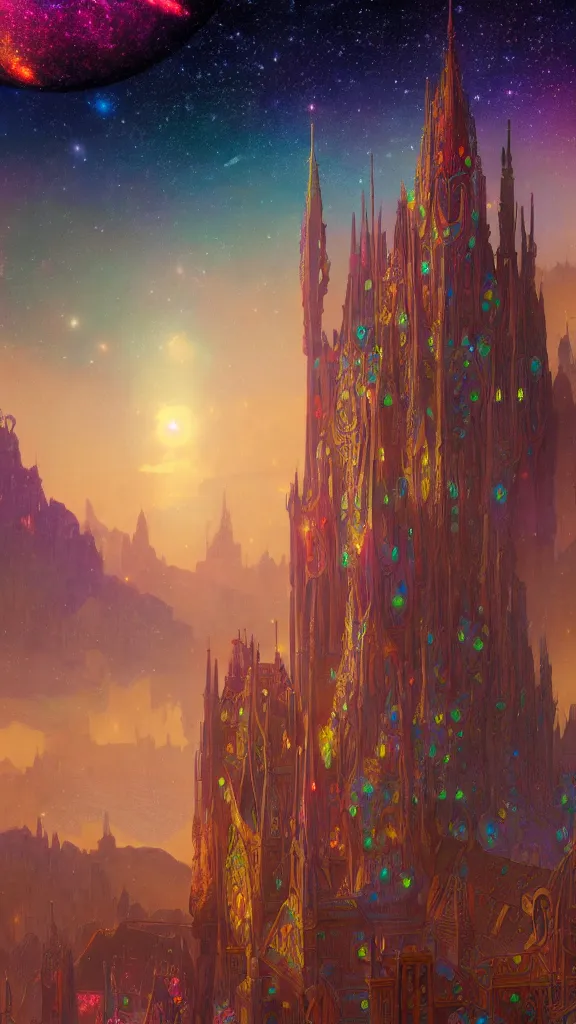 Image similar to a beautiful highly detailed matte painting of colorful castle nebulas by moebius, alphonse mucha, stars in the background, highly detailed, intricate design, 8 k resolution, octane render, trending on artstation and cgsociety