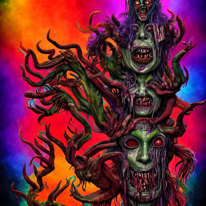 Prompt: a beautiful, colorful, flesh - eating, whimsical demon with rainbow fur, seven arms, seven legs, three heads, by alexandro judorowski and basia tran, fear, morbid, nightmare, supernatural, 8 k, digital art, highly detailed, chiaroscuro, creepy, terrifying