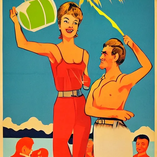 Image similar to soviet propaganda poster commanding people to drink more coconut water, highly detailed, authentic, 1960s era