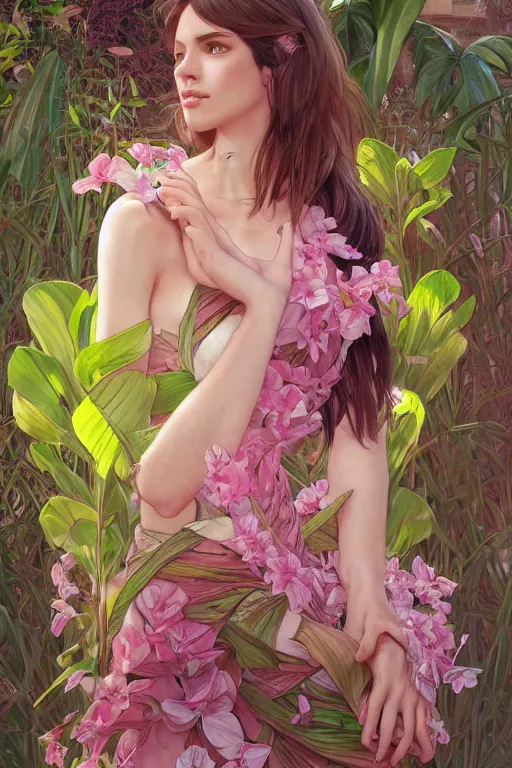 Image similar to ultra realistic illustration, transparant dress, banana plants drawing, pink background, elegant, highly detailed, digital painting, concept art, smooth, sharp focus, illustration, art by artgerm and greg rutkowski and alphonse mucha