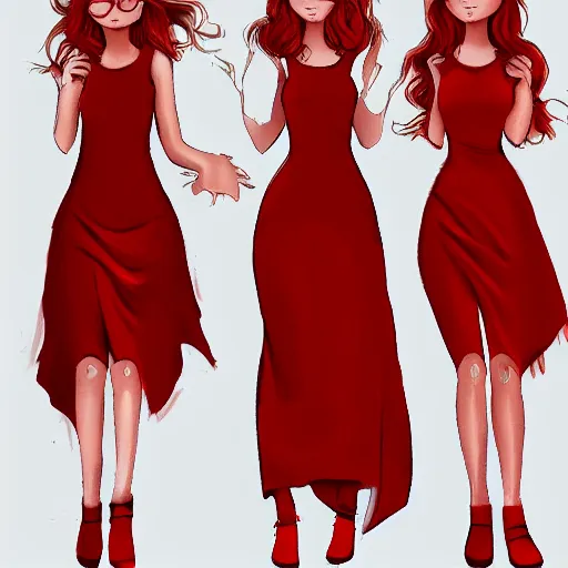 Prompt: three girls, they are redheads, they all wear a red dress and round glasses, digital painting, hd, elegant, smooth