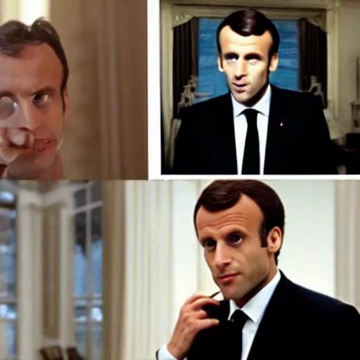 Image similar to Emmanuel Macron wearing snickers in American Psycho (1999)