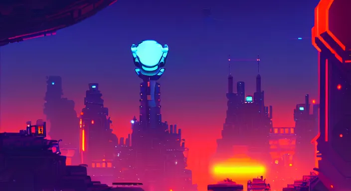 Image similar to beauiful background painting of night level of a 2 d sidescroller game, in a futuristic city in an alien world, orange sky, video game art, pixel art, concept art, surreal and charming, synthwave, ultra detailed, cool lighting, trending on artstation