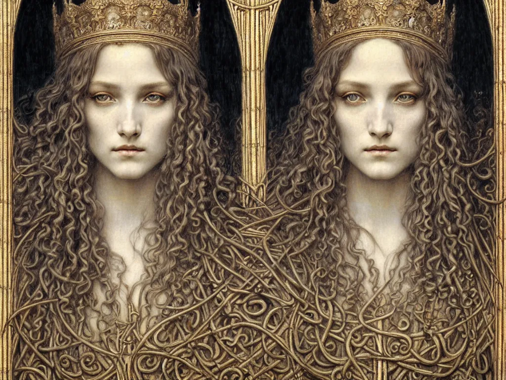 Image similar to detailed realistic beautiful young medieval queen face portrait by jean delville, gustave dore and marco mazzoni, art nouveau, symbolist, visionary, gothic, pre - raphaelite. horizontal symmetry