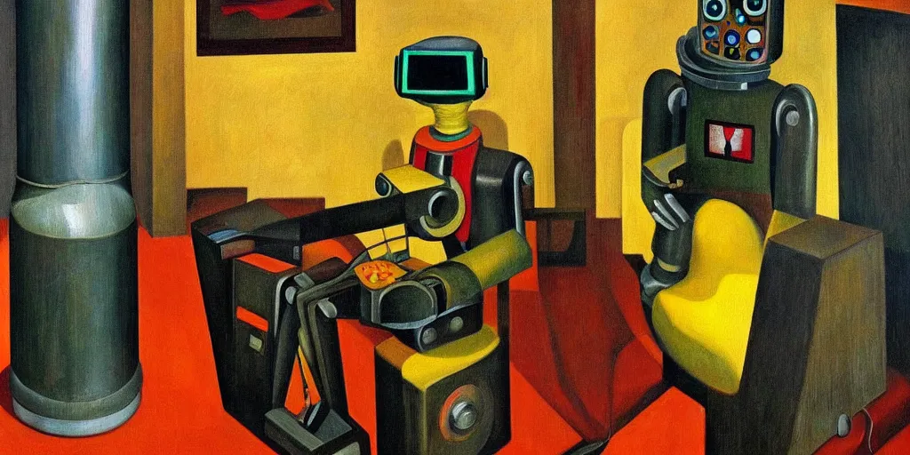 Image similar to robot using a control panel portrait, lowbrow, pj crook, grant wood, edward hopper, oil on canvas