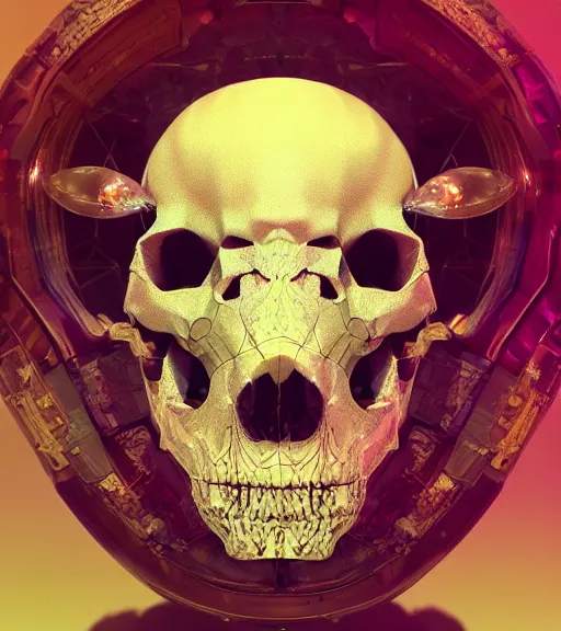 Prompt: portrait of a fantasycore glitchcore deformed animal skull in a helmet. intricate abstract. intricate artwork. celestial. prismatic, by Alex Stevenson Diaz, Boris Koller and Dino Tomic. octane render, CGSociety very coherent symmetrical artwork. cinematic, hyper realism, high detail, octane render, 8k, holographic accents