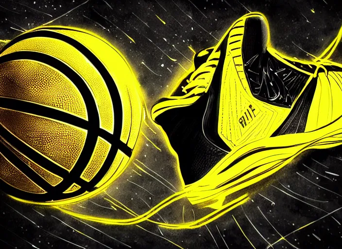 Image similar to glowing black basketball sneaker, wth short golden lines, yellow details, symmetrical, highly detailed, digital art, sharp focus, trending on art station, samurai, electricity superpowers, anime art style