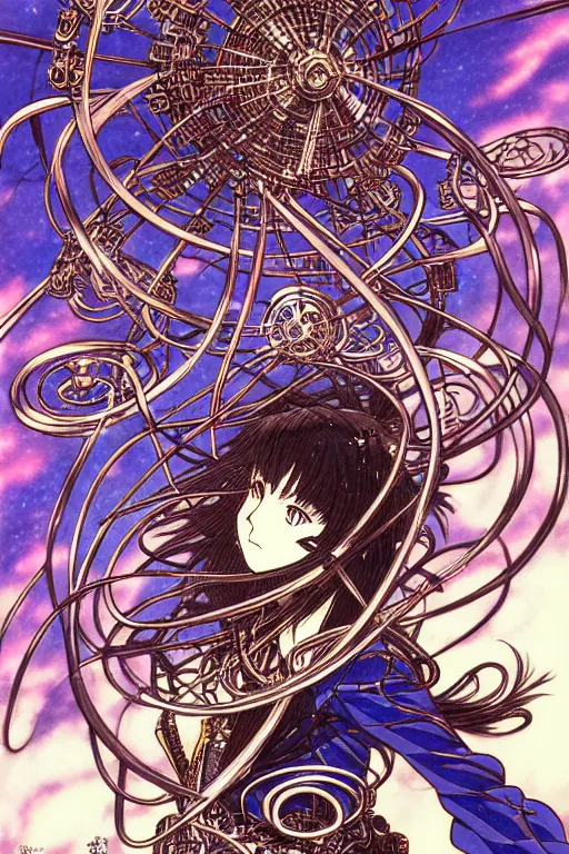 Image similar to illustration of an anime thief character with many metal objects spinning around them, intricate linework, in the style of moebius, ayami kojima, 1 9 9 0's anime, retro fantasy