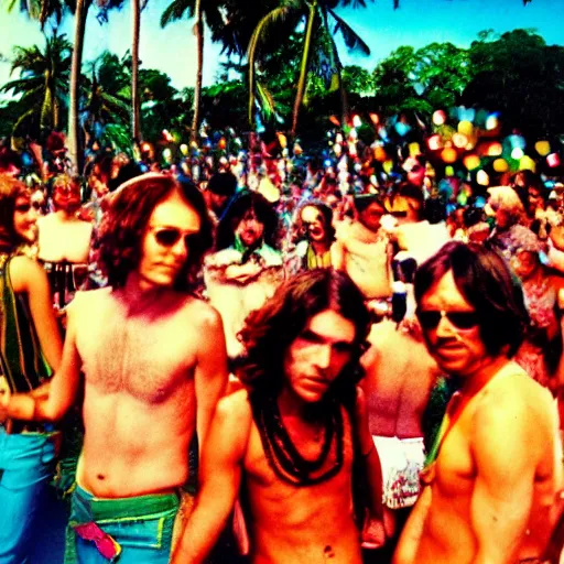 Prompt: expired fuji film photograph portrait of retro psychedelic hippy party in goa from 1 9 8 0, hyperrealism, photorealism, imax quality, 8 k