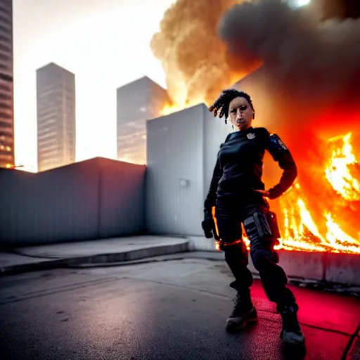 Image similar to Candid extreme wide shot of a poor techwear mixed woman with short hair and tattoos outside of a futuristic Los Angeles on fire, a police MRAP on fire, cyberpunk, 4k, extreme long shot, desaturated, full shot, action shot, motion blur, depth of field, sigma 85mm f/1.4, high resolution, 4k, 8k, hd, full color, award winning photography, war photography