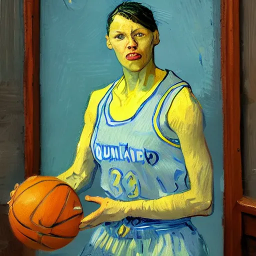 Image similar to painting of an woman basketball player, a van gogh style, greg rutkowski, artstation