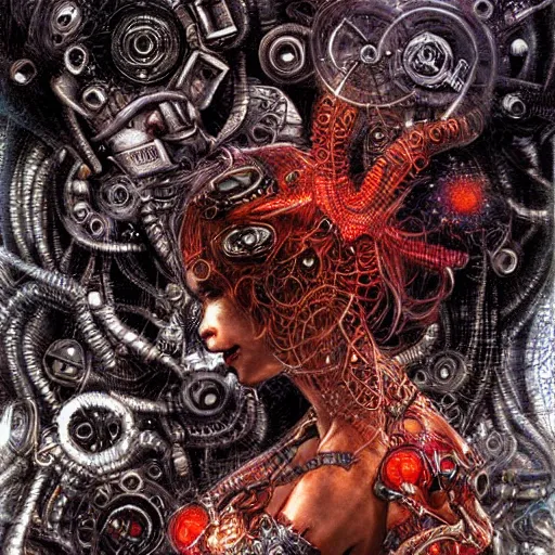 Image similar to cybernetic demon dreaming, lsd, circuitry, intricate detail, royo,