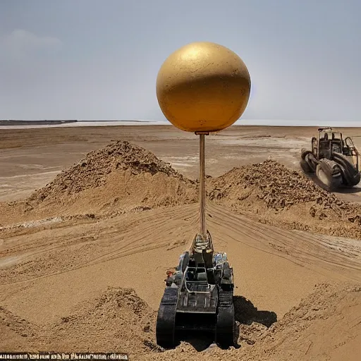 Image similar to in the distance, in the center of a large sandy quarry, a large golden ball lies in the sand, a broken excavator and a man in military uniform standing nearby, stylization is a grainy photo, high quality, depth of sharpness, emphasis and focus on the golden ball