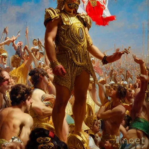 Image similar to a young man wearing a golden crown after overcoming his fear or death, standing above a cheering crowd, highly detailed painting by gaston bussiere and j. c. leyendecker 8 k