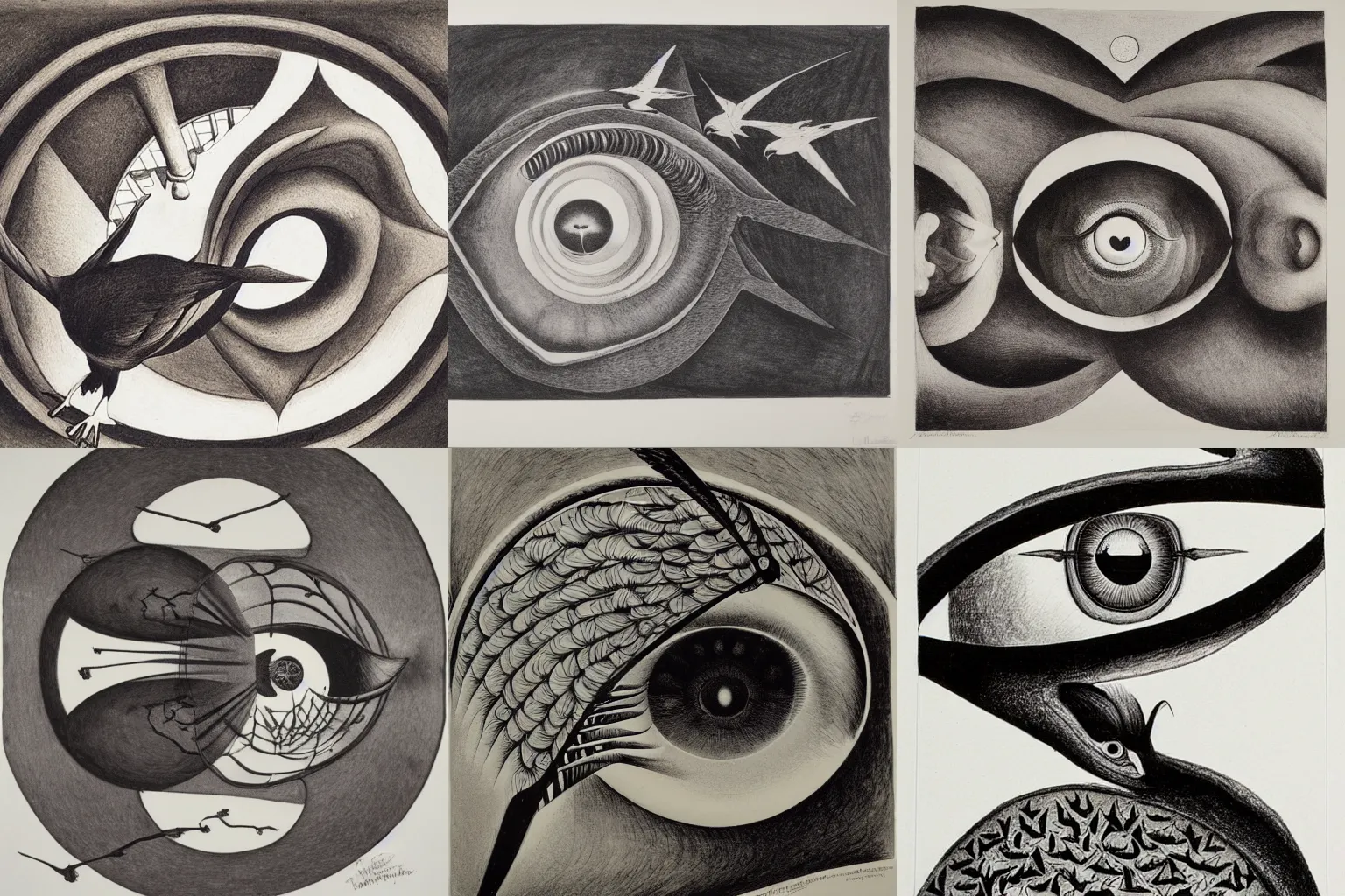 Prompt: a bird flying through the eye of your mind, lithograph, watercolors, ink, M.C. Escher