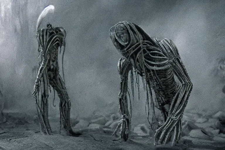 Image similar to ring wraith sniffing the ground, movie still, ultra realism, very detailed, style of h. r. giger