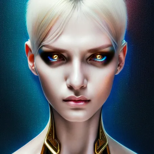 Image similar to futuristic woman android portrait, sci-fi female, striking azure eyes, face, short platinum hair tomboy, cyberpunk femme fatale, intricate, elegant lady with alabaster skin, highly detailed gold filigree, digital painting, artstation, concept art, smooth, sharp focus, illustration, studio photo by artgerm and greg rutkowski and alphonse mucha:3, overexposed, dark, gray, monochrome:-4