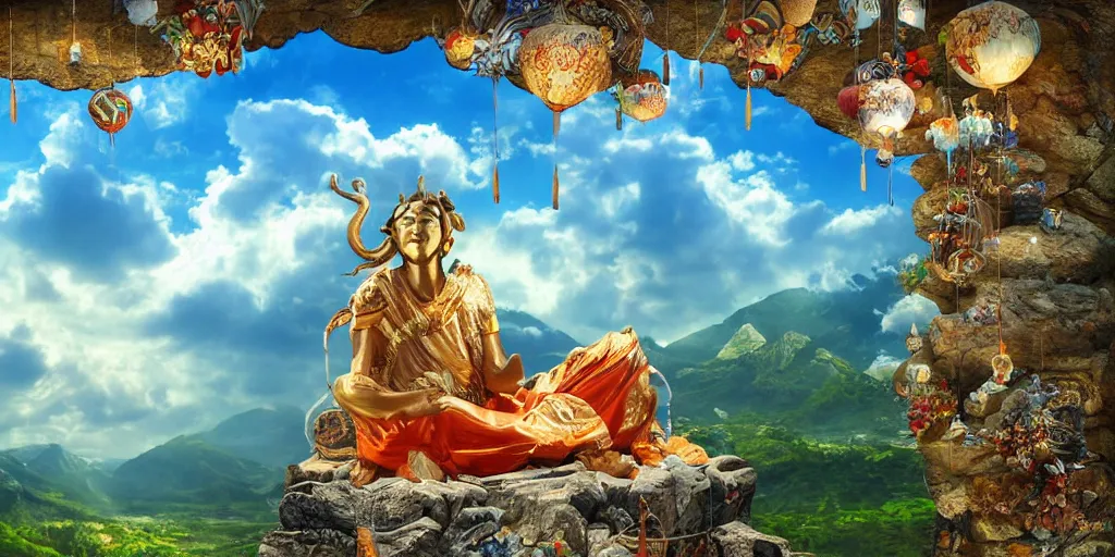 Image similar to wind deity enjoying the view from his stone heavenly palace, decorated with windchimes and paper lanterns, stunning nature and clouds in background, digital art, detailed