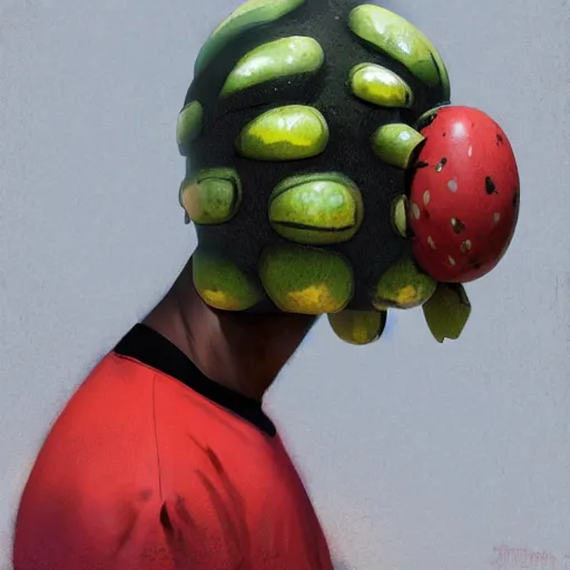 Image similar to side portrait of a goofy looking black guy with a watermelonmelon fruit helmet that covers only the top of his head by greg rutkowski