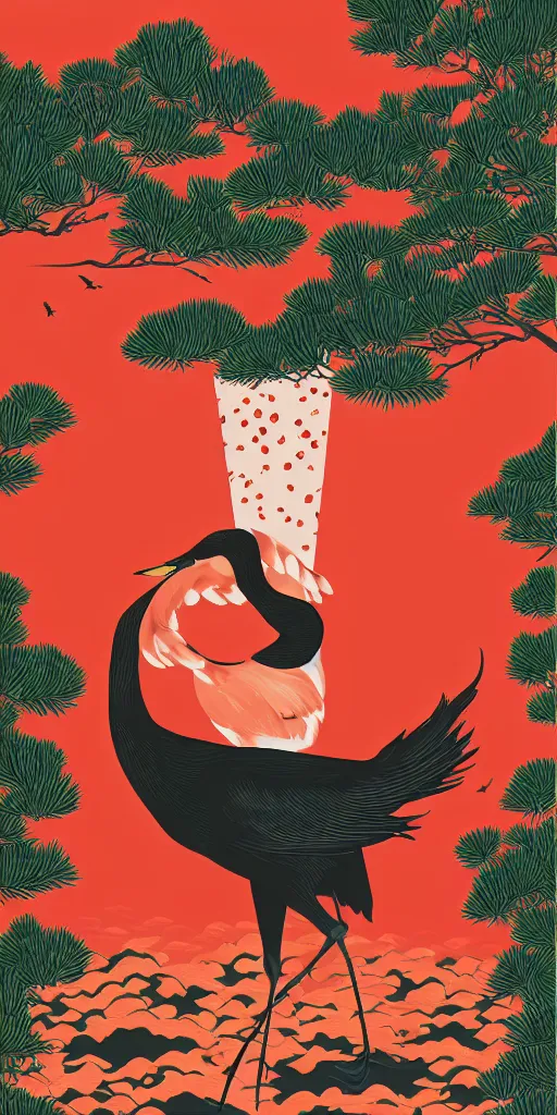 Prompt: hanafuda card for january 20 points, a portrait of japanese crane walking into a forest of japanese pines, by honeyworks and chico, a big red sun in the background, front game card, vector line art, trending on behance, concept art, stunning, matte