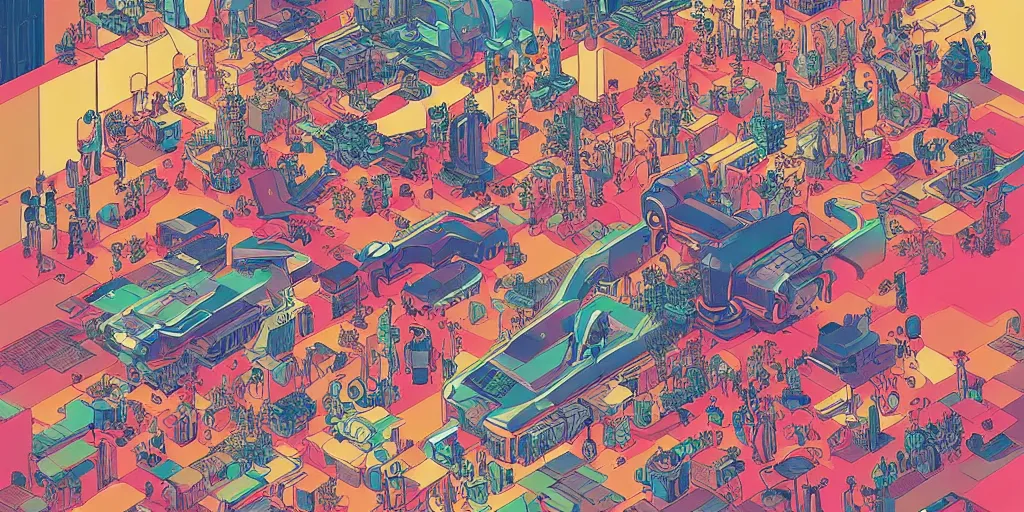 Image similar to gigantic robotic drones with lasers with human faces catch tiny robots, a lot of exotic plants around, human heads everywhere, risograph by satoshi kon and moebius, no text!, colorful flat surreal design, super - detailed, a lot of tiny details, fullshot