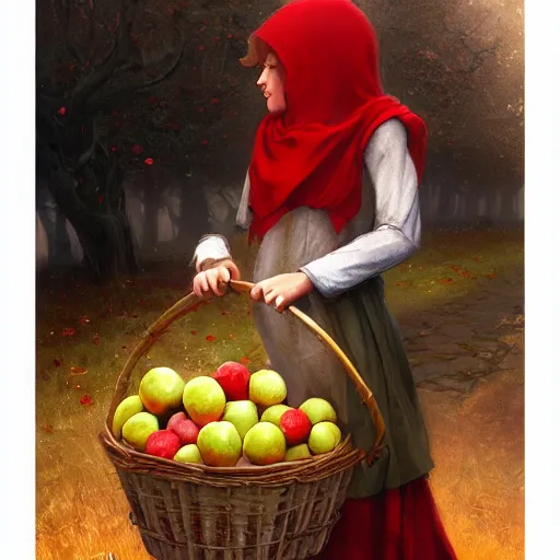 Image similar to a girl with a red cloak holding a basket full of apples, by Jordan Grimmer and greg rutkowski, crisp lines and color,