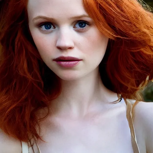Prompt: hyper realistic, full perfect face, realistic, highly detailed background, photography beautiful girl, face tamzin merchant, red hair, style of hypermannerism, ubaldo bartolini