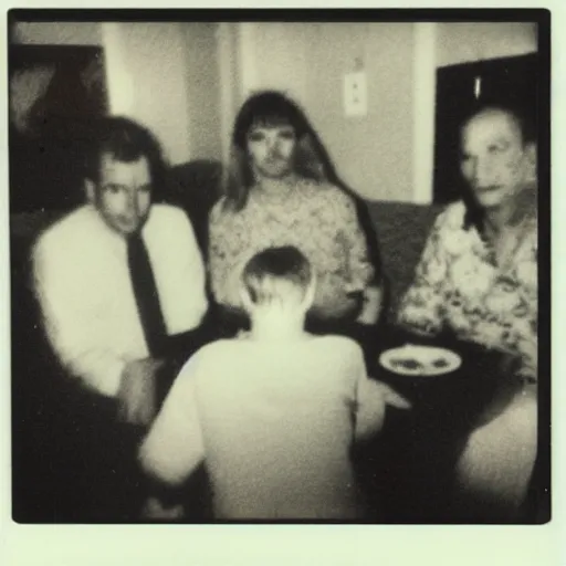 Prompt: of a polaroid of an evil entity! lurking around a family at dinner