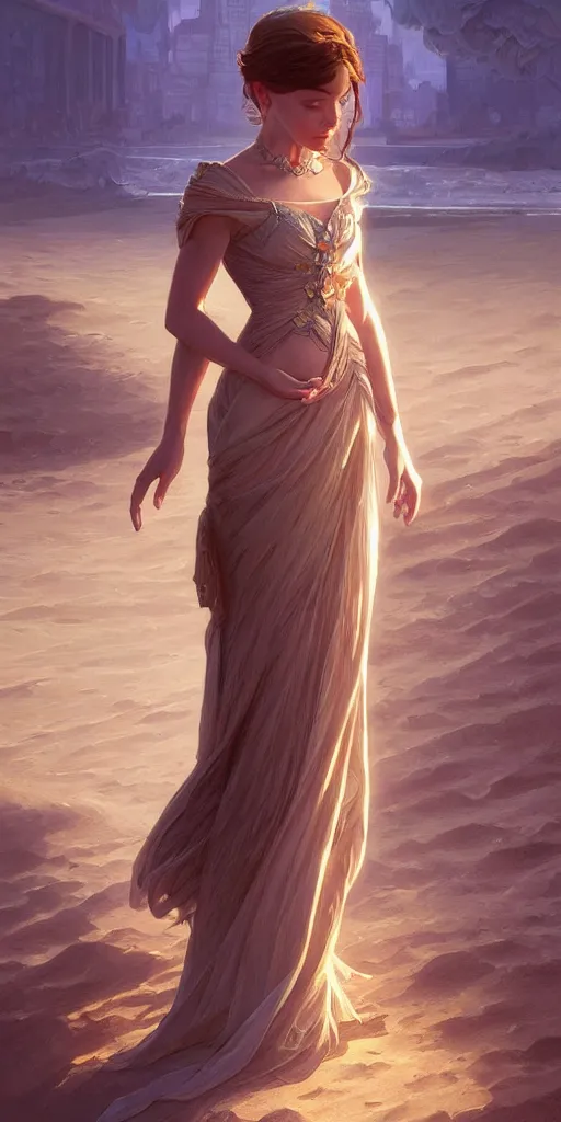 Image similar to mayors beautiful daughter, elegant dress, sand, intricate, highly detailed, digital painting, artstation, concept art, smooth, sharp focus, illustration, Unreal Engine 5, 8K, art by artgerm and greg rutkowski and alphonse mucha, by Jesper Ejsing