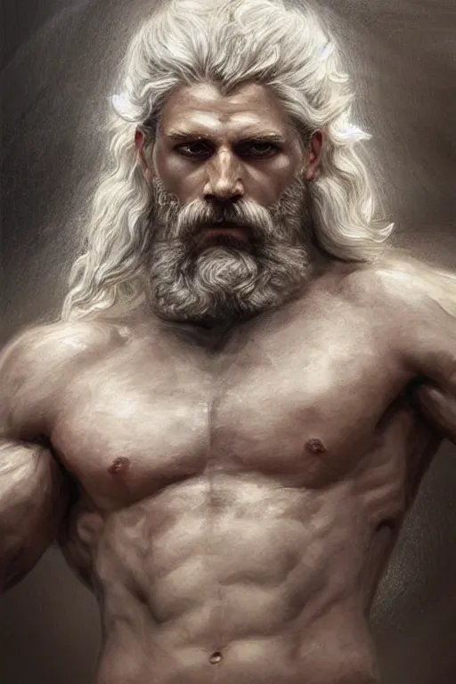 Image similar to painted portrait of rugged zeus, god of thunder, greek god, white hair, masculine, powerful, handsome, opulent, upper body, white robe, muscular, hairy torso, fantasy, intricate, elegant, highly detailed, digital painting, artstation, concept art, smooth, sharp focus, illustration, art by gaston bussiere and magali villeneuve