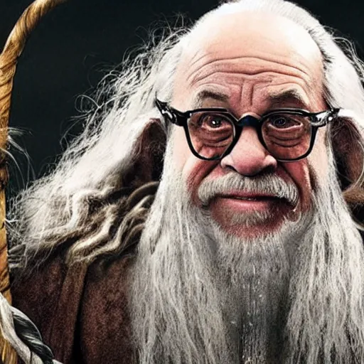 Image similar to danny devito starring as gandalf the white in the 2 0 2 4 lord of the rings movie, full body, hyper realistic, high quality, wide angle