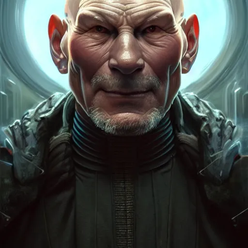 Image similar to portrait painting of a cyberpunk orc doctor muscular patrick stewart, ultra realistic, concept art, intricate details, eerie, highly detailed, photorealistic, octane render, 8 k, unreal engine. art by artgerm and greg rutkowski and charlie bowater and magali villeneuve and alphonse mucha