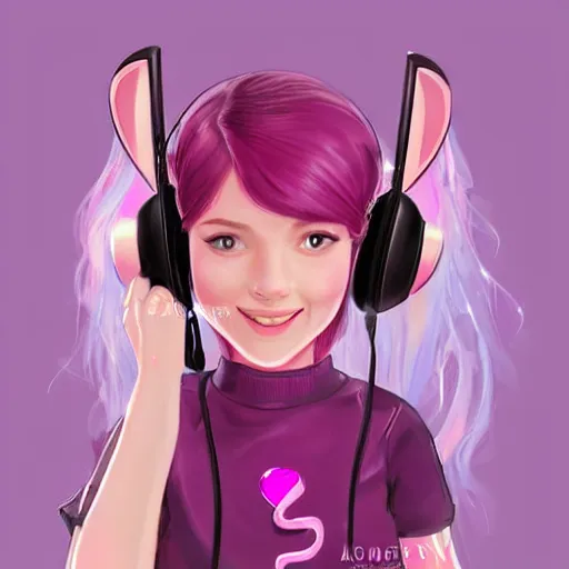 Image similar to very very very beautiful pink gamer girl wearing headphones with a unicorn horn coming out of her head standing in a pink girls room, full body portrait, eye contact, smiling, perfect face, perfect body, extreme long shot, drawn by artgerm and charlie bowater