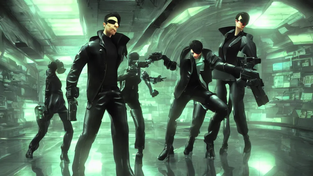 Image similar to the matrix movie scene in the style of 3d overwatch, pixar, unreal engine