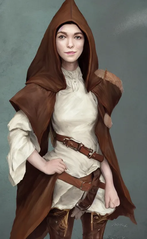 Image similar to a beautiful woman, beauty, high cheek bones, half smile, mischievous, bard, brown hair, messy hairstyle, short hair, cream colored peasant shirt, brown pants, leather boots, dark green cloak, round hood, elf ears, youthful, white background, proportionate, by John Howe, single face, trending on artstation, realistic, highly detailed, masterpiece