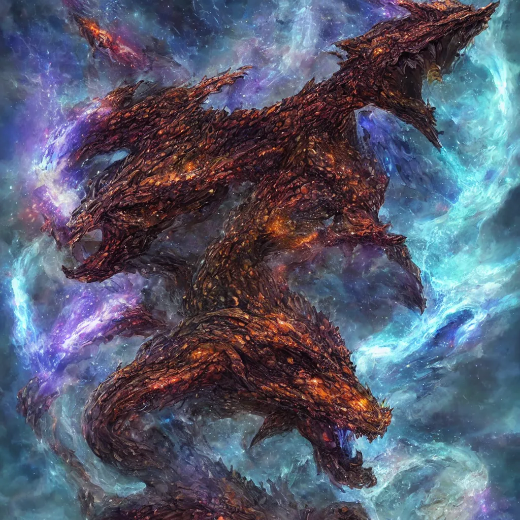 Prompt: A portrait of a dragon made of stones in a nebula explosion, trending on artstation, digital art,