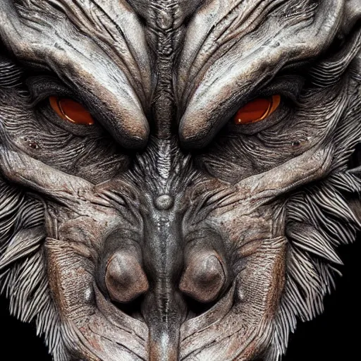 Image similar to photo taken of an epic intricate, ultra detailed, super realistic gritty, terrifying, lifelike bust sculpture of a werewolf creature design, created by weta workshop, zoomed in shots, photorealistic, sharp focus, white wall coloured workshop, cold colour temperture, f 0. 4, face centred