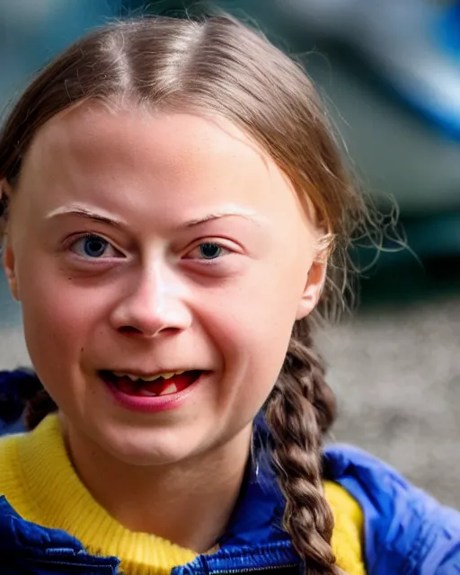 Prompt: film still close - up shot of greta thunberg giving a speech in a train station eating pizza, smiling, the sun is shining. photographic, photography