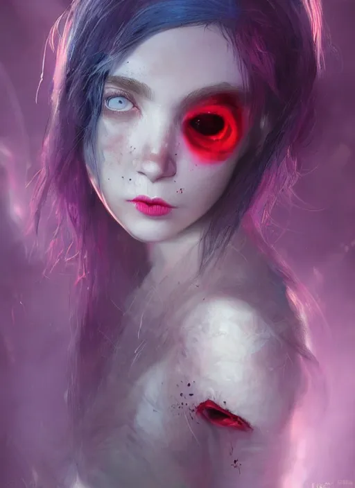 Prompt: profile of sinister girl with pouty aerochrome lips, fungal, adorable, cute bandaid on nose!!, expressive eyes, playful pose of a demon, greg rutkowski, charlie bowater, yuumei, stephen gammell, unreal 5, daz, hyperrealistic, octane render, rpg portrait, dynamic lighting, fantasy art, beautiful face