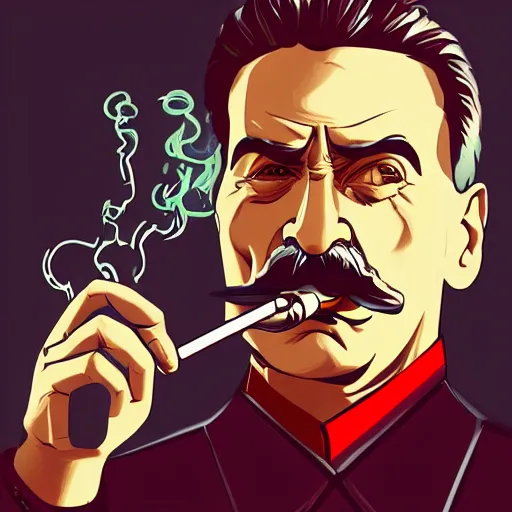 Image similar to cyberpunk joseph stalin smoking a pipe as the leader of a futuristic communist society, cybernetics, sharp lines, digital, artstation, colored in